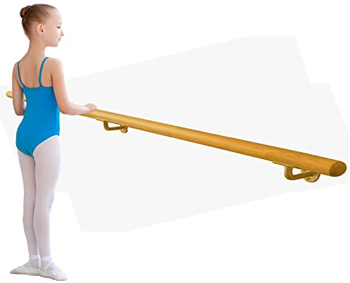 Pro-Gymnastics Ballet Barre Single Bar 6 FT Long 2.0” Diameter Gold, Kid Adults Open Bracket Wall Mounted Fixed Height Wooden Ballet HomeStudio Ballet Bar, Dance Bar, Stretch Bar, DancingStretching