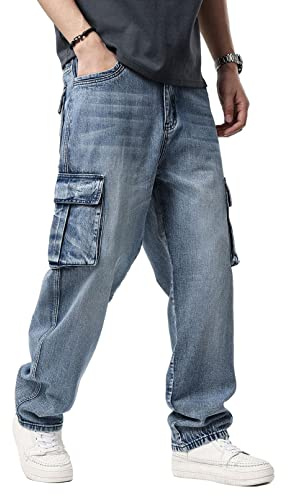 Idopy Men`s Loose Fit Motorcycle Multi-Pockets Workwear Denim Cargo Jeans Plus Size (2671 Blue, 34)
