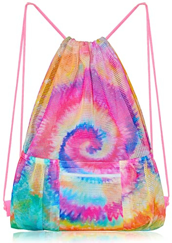 Mesh Drawstring Bag with Zipper Pocket, Beach Bag for Swimming Gear Backpack Gym Storage Bag for Adult Kids Tie Dye
