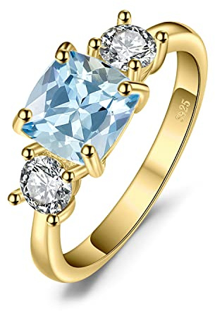 JewelryPalace Cushion Cut 2.6ct Genuine Blue Topaz 3 stones Rings for Her, 14K Yellow Gold 925 Sterling Silver Promise Ring for Women, Natural Gemstone Jewellery Sets Rings 7