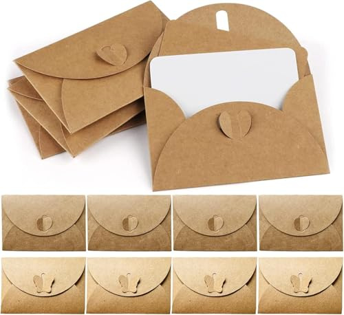 IOPYKKOA 20 enveloppes en Papier Kraft avec 20 Cartes en Papier Vierges, Mini enveloppes avec Fermoir Coeur Papillon pour Cartes Cadeaux DIY Graffiti