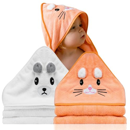 BABYBRIDGE 2 pezzi Asciugamano Baby - Regalo neonato bambino - Asciugamani bambino con cappuccio animali 0-3 anni - Accappatoio bagno - Mantello da bagno - Regali per neonati - (Bianco/Salmone)