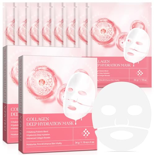 Mascarilla Facial, Mascarilla de Colageno, Bio Collagen Real Deep Mask, Mascarilla Antiedad de Colágeno, Reduce los Poros, Aumentar la Elasticidad Collagen Mask (8 PCS)