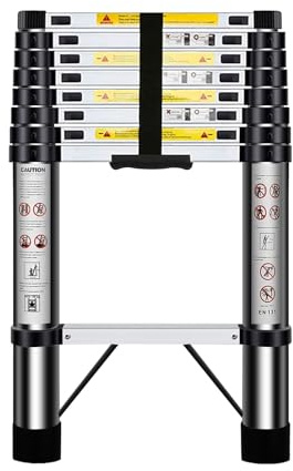 HUIYOPU Telescopic Ladder 2.6m, Retractable Stainless Steel Ladder, Step 30cm, Load Capacity 150kg, Suitable for Home Maintenance, Access to The Attic, Construction, etc.