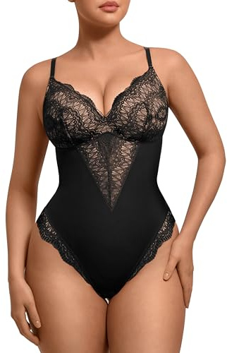FeelinGirl Womens Body Suits Shapewear Tummy Control Backless Thong Body Shaper V Neck Compression Lace Bodysuit Tops Black