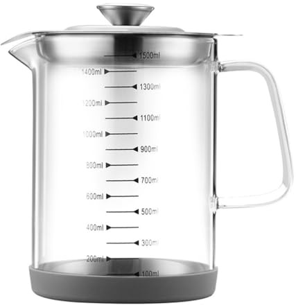 AUTSUPPL 1.5L Glass Oil Storage Pot with Filter Strainer and Lid Oil Container for Kitchen Use Easy Pouring and Residue Filtration with Measurement Scale