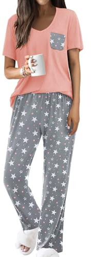 Famulily Ladies Pyjamas Set Floral Printing Short Sleeve Pj Set Sexy V Neck Loungewear Cozy Sleepwear Sets Pink L