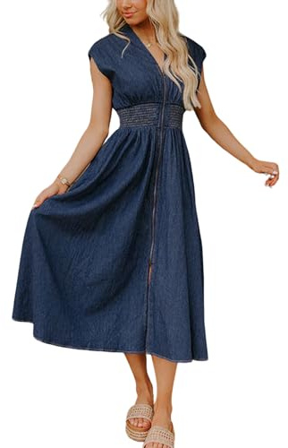 utcoco Womens Denim Dress Sleeveless V Neck Zip Up Smocked High Waist Ruffle A Line Long Midi Jean Dresses (Large, Dark Blue)