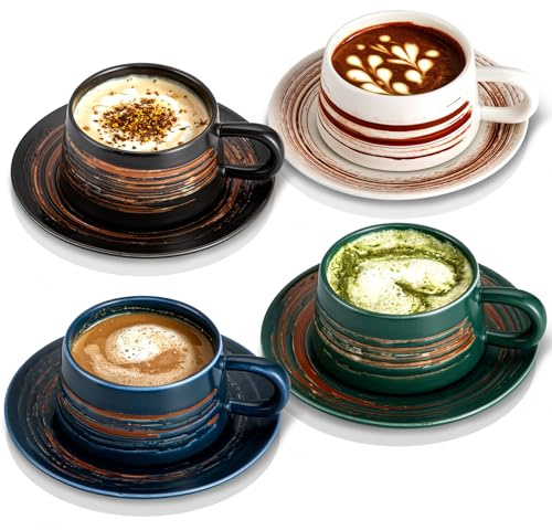 YUN TAO 8oz/240ml Ceramic Cappuccino Cups with Saucers Set of 4, Ergonomic Handle Mugs for Tea, Espresso & Latte - Home & Cafe Use