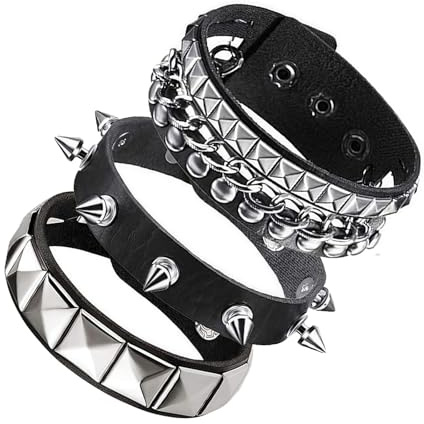 QKEOISUD 3-Piece Studded Punk Accessories - Black Gothic Spike Bracelets with Metal Studs for Men & Women, Retro Punk Rock Leather Adjustable Wrap Wris Cuffs Street Party Jewelry (Black)