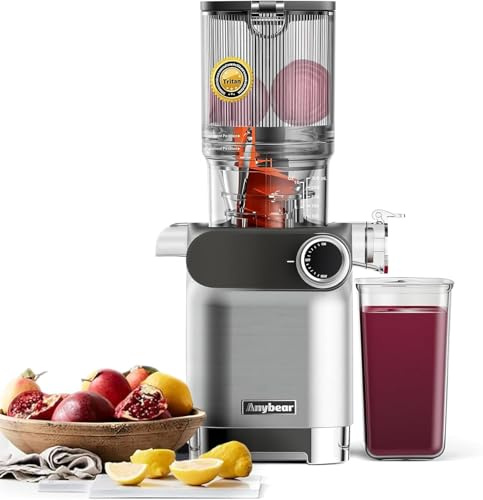 Anybear Cold Press Juicer, 200W Masticating Slow Juicer 4.3 Large Feed Chute Fit Whole Fruits Vegetables | Upgraded Auger | Tritan Materials | BPA Free | Juice Recipes (Silver Gray)