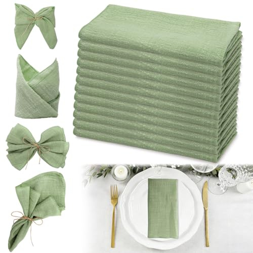 Set di 12 tovaglioli in tessuto di cotone mussola, 43 x 43 cm, lavabili, in cotone, riutilizzabili, colore verde salvia per feste, matrimoni, compleanni, caffetterie, ristoranti