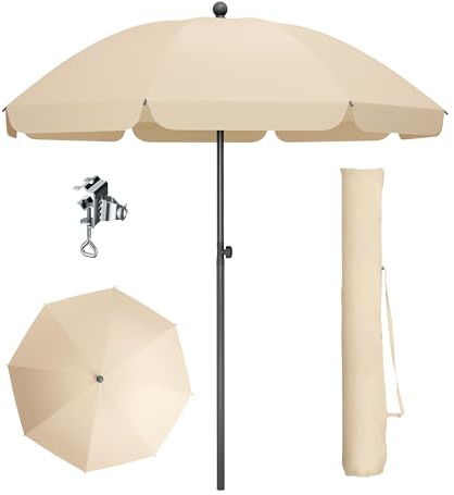 PHI VILLA Ø175x210cm Sonnenschirm Höhenverstellbar mit Hülle & Klemme, Strandschirm Kippbar Windfest Stabil zum Mitnehmen, UV50+ Schutz für BalKon Strand BalKongeländer Tisch, Beige