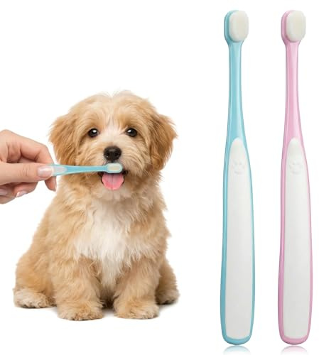2 Spazzolino da denti per cani gatti Spazzolino da denti per piccoli animali domestici medi e grandi dimensioni, setole morbide, set di pulizia dei denti rosa e azzurro
