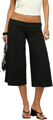 Barbotimer Women Casual Wide Leg Capri Pants Y2k Fold Over Low Rise Stretchy Lounge Yoga Crop Pants Loose Fit Straight Leg Capris