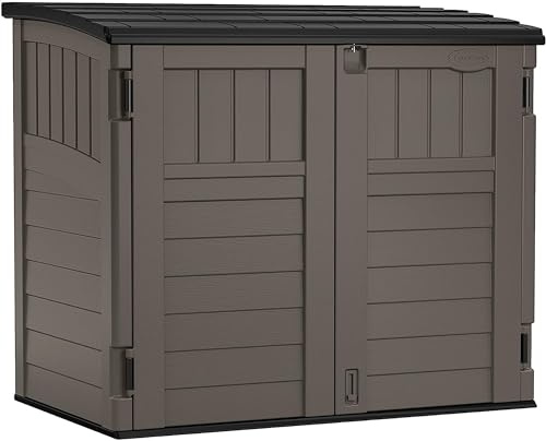 Suncast 34 Cu Ft Horizontal Resin Storage Shed - Outdoor Storage Shed with Floor Included, Lockable, Weatherproof, Fits Small to Medium Trash Cans, Generators, & Garden Tools, Stoney Black