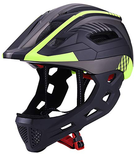 QYTK Fahrradhelm Kinder mit Abnehmbarem Kinnschutz Jungen/Mädchen Fahrrad Integralhelm Downhill Helm Skateboard Rollerblading Inlineskaten Kinderfahrradhelm Licht Helm (52-56CM) (Schwarz Gelb)
