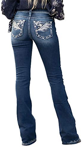 QJBMEI Jeans för kvinnor fjäder blomma broderi mitten stiga stretchig bootcut smala breda ben byxor, BLÅ, XXL