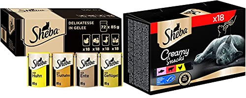 Sheba Delikatesse in Gelee – Hochwertiges Katzen Nassfutter mit feiner Geflügelauswahl – 72 x 85g Alleinfuttermittel & Creamy Snacks - Cremiges Katzen-Leckerli mit je 6X Huhn, Lachs(1 x 216 g)