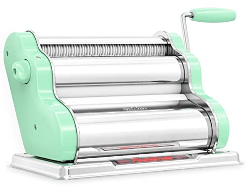 PASTALINDA Classic 260 Pasta Maker Machine, 26 cm Wide Rollers, 9 Thickness Positions, 2 Cutting Positions, Stainless Steel. Includes Reinforced Hand Crank And Two Clamps (Pastel Green)