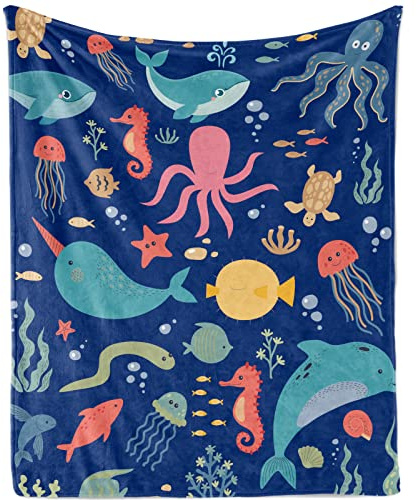 TUTUXMA Ocean Blanket for Kids, Soft Plush Ocean Animal Flannel Fleece Blankets Gifts for Boys, Cozy Fuzzy Cute Under The Sea Throw Blanket with Shark Whale Print for Bed Sofa Couch, 100x130cm
