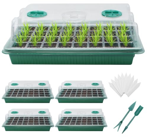 MQFORU Bac à Semis,Lot de 5 Pièces Plateau de Semis 200 Cellules Mini Serre Plateaux de Germination des Plantes avec Couvercles Transparents/Fenêtre Réglable,pour Plante Graines Serre Germination