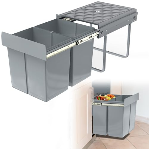 Froadp Inbyggd papperskorg kök papperskorg utdragbar sopsamlare 2 fack avfallssepareringssystem, fullt utdrag med teleskopskenor 48 x 34,2 x 35,1 cm – 2 x 15 l