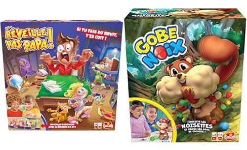 Lot de 2 Jeux : Réveille Pas Papa + Gobe Noix - Jeux de Société, d'Actions, d'Adresse et Rapidité pour Enfants - Set de Jeu Inédit - Jouez en Famille ou Entre Amis - 2 à 4 Joueurs - 4+