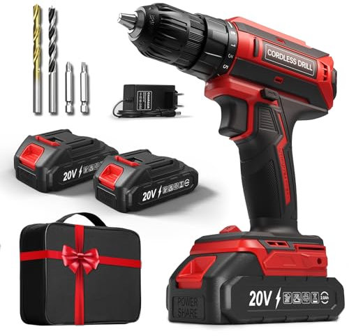 Taladro Atornillador Batería con 2 Baterías, 20V Taladro Bateria par Máximo de 42Nm, Taladro Inalámbrico de 2 Velocidades, Apto para Baterías Makita, 25+1 Niveles de Par, Portabrocas 10mm, Luces LED