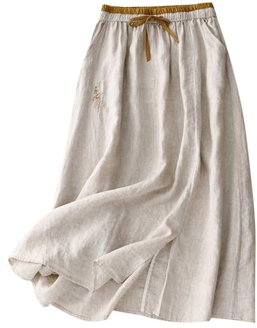 Flodxo Baumwoll-Leinen-Rock für Damen, Sommer, A-Linie, Maxi-Röcke, elastische Taille, Boho, lange Röcke, Y2K, Retro, Vintage-Stickerei, Tunika-Kleid, elegant, lässig, Büro, Arbeit, schwingende Röcke,
