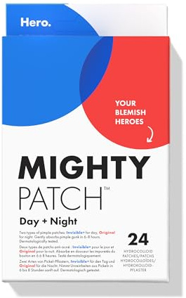 Hero Cosmetics Mighty Patch Day + Night, Hydrocolloid-Aknepflaster, ziehen Unreinheiten in 6 Stunden aus Pickeln, Tag- & Nachtbehandlung, 24 Pickel-Patches: 12 für den Tag & 12 für die Nacht.