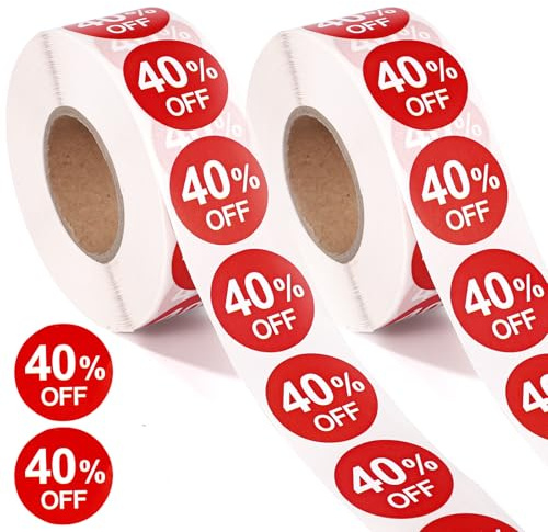 2000st 40% Rabatt Klistermärken, 2,5cm Runda 40 Procents Rabatt Kampanjetiketter Självhäftande Prisskyltar Reaprisetiketter för Butiker Stormarknader Affärer Garage (Röd)