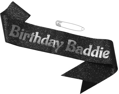 Fascia Birthday Baddie, Fascia Compleanno in Tessuto Glitter Morbido con Spilla da Balia per Donne Uomini Decorazioni Festa (Nero & Argento)
