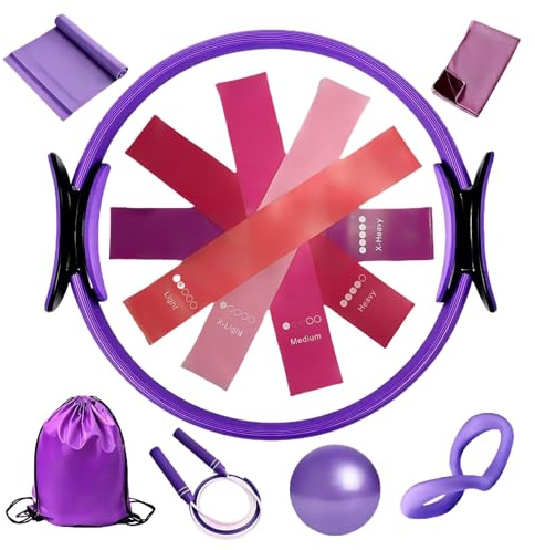 Kit De Pilates para Casa,Kit De Pilates para En Casa Mujeres - 12 Piezas Equipo De Ejercicio con Bola Y Bandas Elásticas para Piernas Brazos Muslos Gimnasio Fitness
