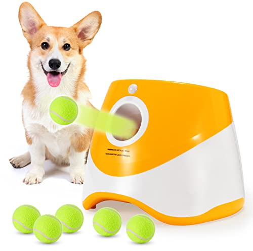 ARDAN STOCK Automatic Dog Ball Launcher | Interactive Fetch Machine for Small &Medium Dogs | 6 Mini 2-Inch Balls + USB Charging | Indoor & Outdoor PlayToy | 3 Distance Settings | Orange