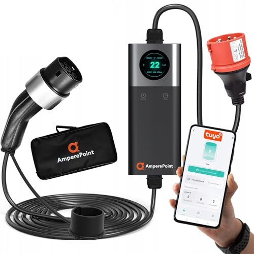 Ampere Point Mobile Wallbox EV 22 kW 32A Typ 2 Ladestation, Einstellbare Ladeleistung 6-32A, 6 m Kabel, CEE 32A 5P Stecker, Tragbares Ladegerät mit LCD-Display, WLAN & Tuya-App, Tasche & Wandhalterung
