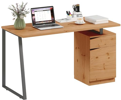 HOMCOM Computer Desk, Writing Desk with Cabinet, Drawer, Adjustable Shelf, Metal Legs, Work Table for Home Office Study, 135L x 60W x 75H cm, Natural Wood Finish