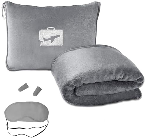 Veebmys Juego de Manta y Almohada de Viaje 2 en 1, Manta de Avión 60x50 Pulgadas Suave y Cálida, Portátil con Máscara y Tapones para los Oídos, Avión, Coche, Camping o Regalo (Gris)