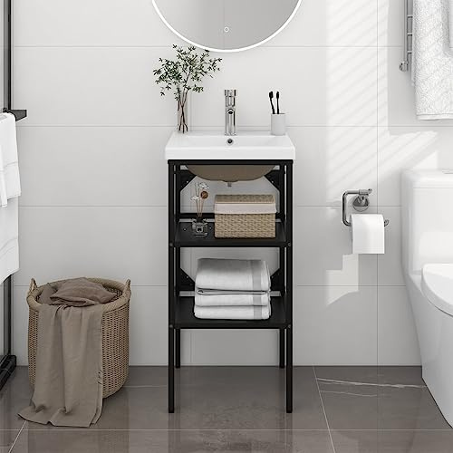 Washbasin Frame with Ceramic Basin, Black Powder-Coated Iron, 15.0x15.7x32.7 in, Bathroom Vanity Sink Countertop