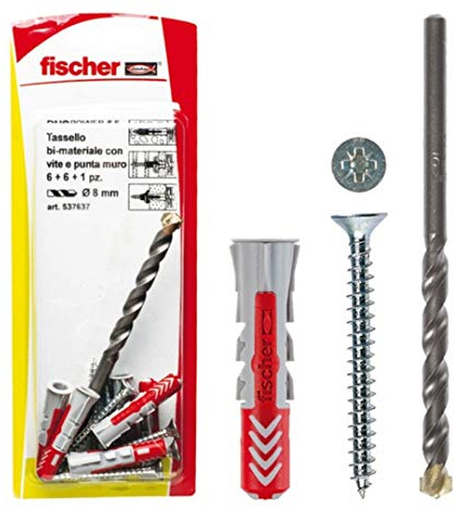 Fischer 537636 Dowel with Screw and 1 Drill Bit DUOPOWER, Grey/Red, 6 x 30 mm, Set of 8 Pieces