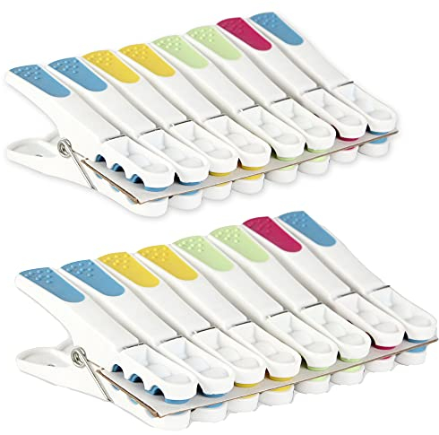 Pince à Linge Jumbo Lot de 16 - Dents Maxi Agrippantes - 9 cm de Long - Faces colorés antidérapante - 4 Couleurs (Vert, Jaune, Rose, Bleu)