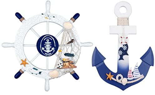2 Pack 11 Nautical Beach Wooden Ship Wheel and 11 Wooden Anchor with Rope Nautical Boat Steering Wheel Rudder Anchor Wall Art Decor Door Hanging Ornament Beach Theme Home Decoration(White&Blue)