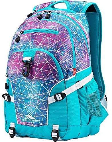 High Sierra Loop Backpack, Travel, or Work Bookbag with tablet sleeve, One Size, Sequin Facets/Bluebird/White