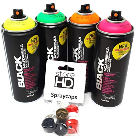 Montana Black Infra Sprühdosen Set Neon Farben + Ersatzsprühköpfe - 4 x 400ml