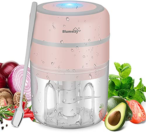 BlumWay Mini Zwiebelschneider, 250ML Mini Knoblauchhacker Gemüsezerkleinerer Elektrisch Zerkleinerer mit 3 Scharfen Klingen für Knoblauch Gemüse Obst Fleisch, Rosa