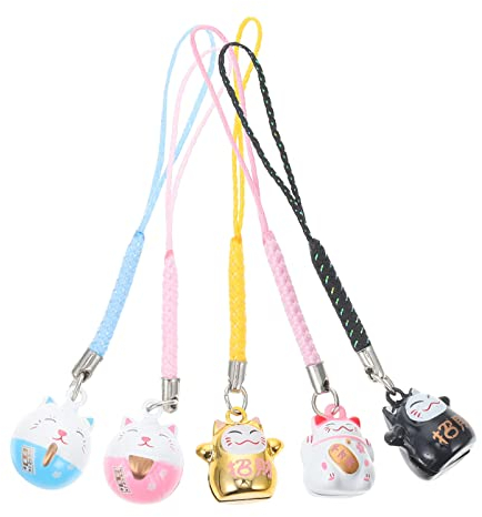 TOYANDONA Japanischer Maneki Neko Glückskatze Handyanhänger Kupfer Winkekatze Schellen Glöckchen Handyschmuck für DIY Schlüsselanhänger Auto Tasche Geldbörse Rucksack Glücksanhänger Deko 5 Stück