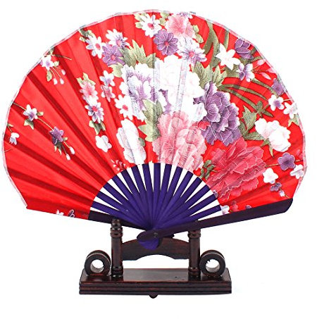 Ruilogod Pintura de tinta china Peony Floral Madera Plegable Fan Ventilador rojo W