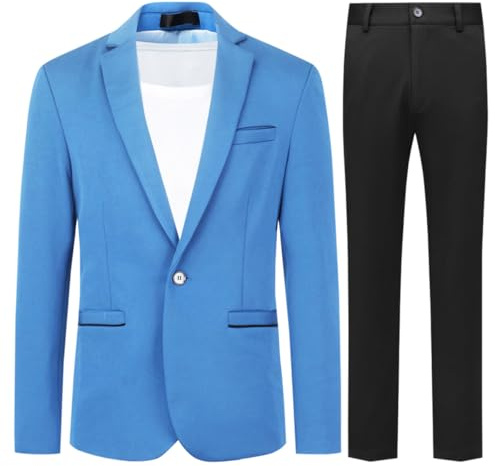 Allthemen Mens 2 Piece Suit 1 Button Suit Jacket Trousers Blue 2 XXL