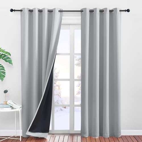 Pony Dance Termiska gardiner isolerande kyla och värme dubbla lager 100 % mörkläggningsgardiner gardiner set 2 stycken H 240 x B 140 cm silvergrå, gardin öljettgardin ogenomskinlig för sovrum