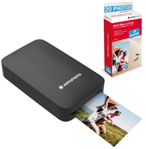 AGFA Photo - Realipix Mini P Drucker + AMC Patronen und Papier für 20 Fotos – Fotodrucker Format 5,3 x 8,6 cm über Bluetooth – Thermosublimation 4Pass – Schwarz